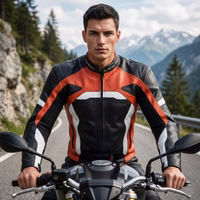 Motorcycle leather jacket with protectors on arms and shoulders, worn in front of a motorcycle.