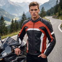 Motorcycle leather jacket with front zipper and waist belt, worn in front of a motorcycle.