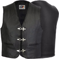 Front& Back view of a sleek quality black leather motorcycle vest. Crafted from genuine calfskin, it offers unbeatable durability &comfort. Featuring ample pockets & a secure carabiner closure, it's a must-have for any serious biker