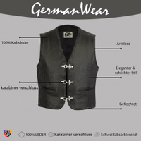 German Wear Motorcycle Leather Vest with German text highlights: 100% calfskin leather, snap closure, sleeveless, braided.
