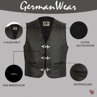 German Wear Leather Vest: Key features : V-neck, polyester lining, one inside pocket, side pockets.