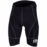 Herren-Radshorts Schwarz/Grau Vorderansicht hochwertiger Herren-Radshorts in Schwarz, entwickelt für optimale Leistung. Die Premium-Biker-Shorts bestehen aus atmungsaktivem, gepolstertem Coolmax-Gewebe mit 100 % Elastan für eine bequeme, flexible Passform.