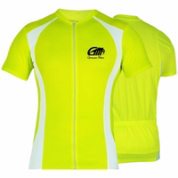 Front and back views of a neon yellow cycling jersey with a full front zipper. Made from 100% elastane, the jersey features a round neck and short sleeves. The back includes multiple pockets for practical storage. Styled with German design influences.