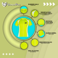 Neon-yellow men’s cycling jersey with a round neck and front zipper closure. Made from 100% elastane, it features multiple panel cuts for a sleek fit, short sleeves, and practical back pockets. Ideal for comfort and functionality on rides.