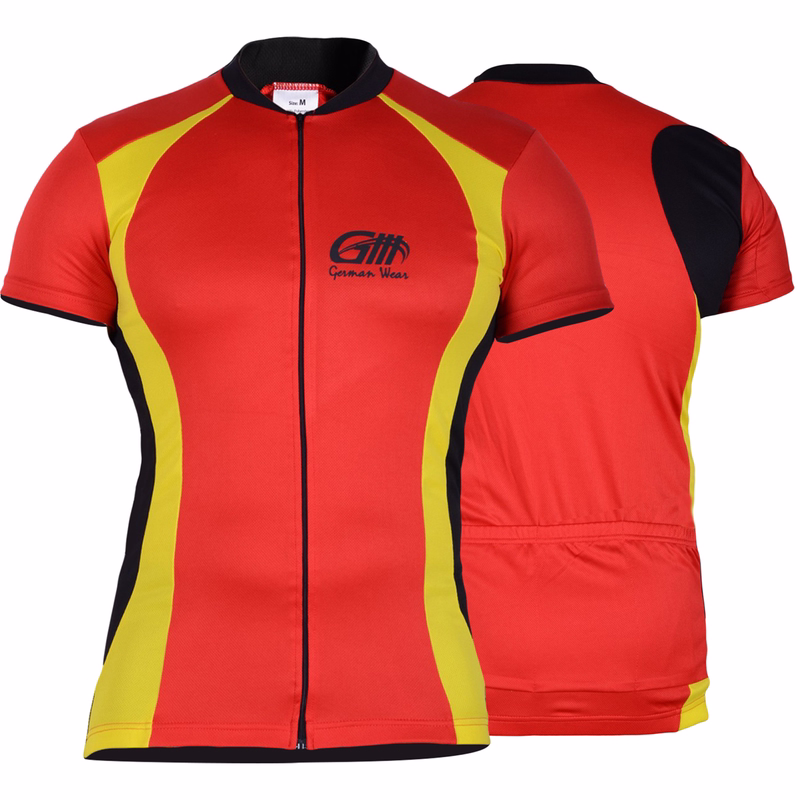 Men's cycling jersey Red Front and back view of a red and yellow cycling jersey by German Wear, featuring a full-zip front, short sleeves, and a moisture-wicking fabric designed for comfort and performance during cycling activities