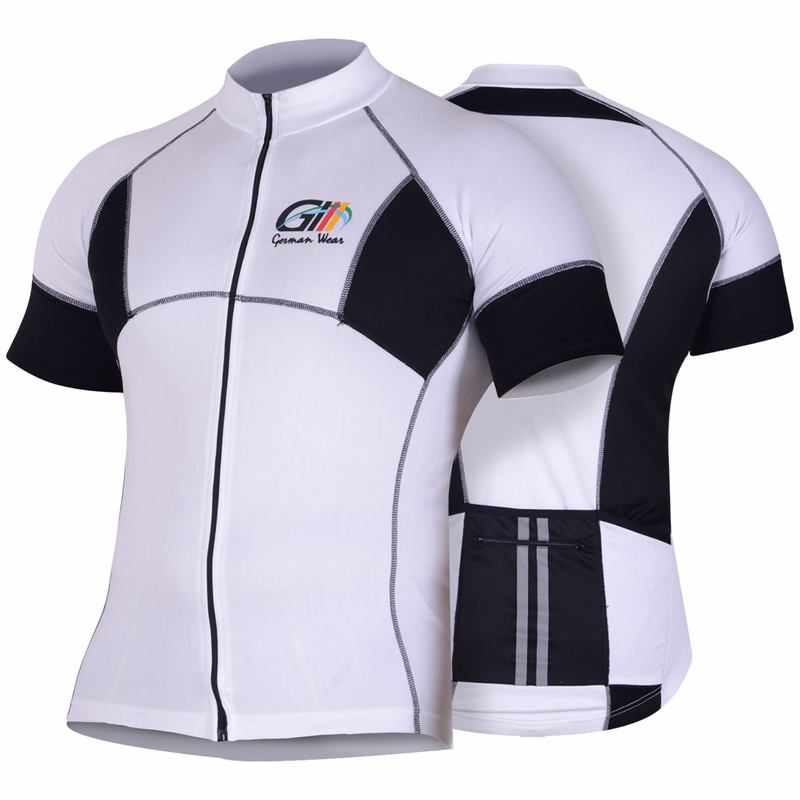 Men's cycling jersey White Black Short-sleeve black and white cycling jersey by German Wear, featuring a front zipper, reflective stripes on the back, ergonomic cut, and rear pockets for storage.