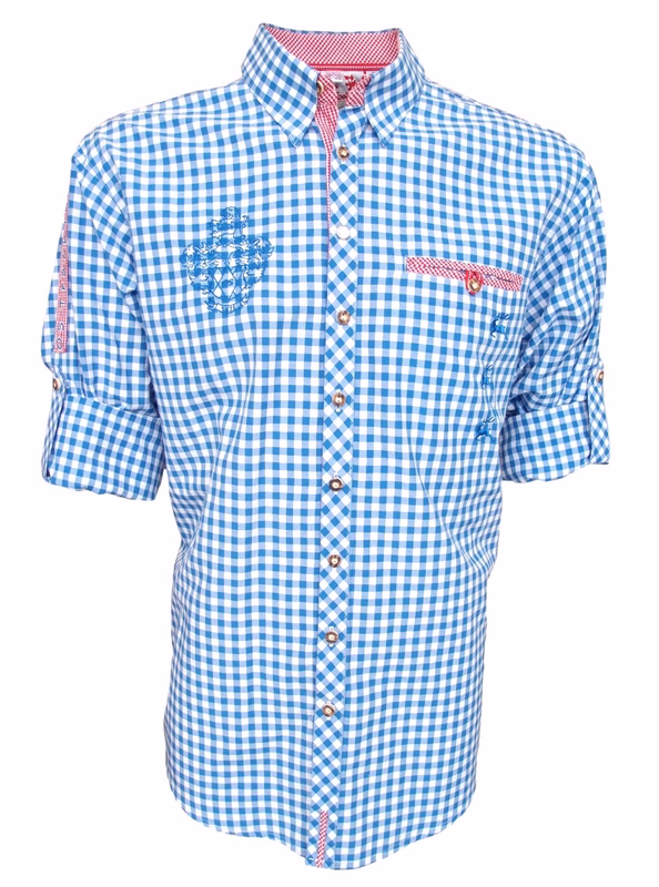 Herren Bayerisches Trachtenhemd Frontansicht Herren Bayerisches Traditionelles Mittelblaues Hemd – Authentisches Oktoberfest Festhemd mit Hochgekrempelten Ärmeln, Bayerischer Stickerei, Perfektes Trachtenhemd zur Lederhose, Jetzt Online Bestellen