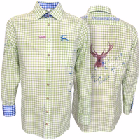 Herren Slim Fit Bayerisches Trachtenhemd Vorder und Rückansicht des Slim Fit Bayerischen Traditionellen Hellgrünen Herrenhemds mit eleganter Stickerei, klassischem Kragen und moderner Passform für Oktoberfest jetzt kaufen