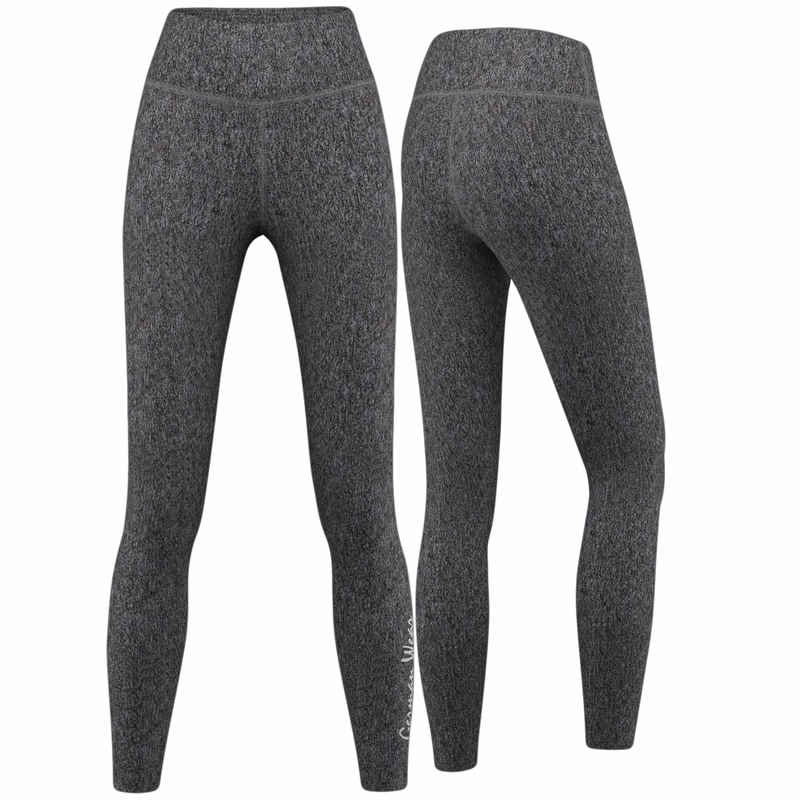 Damen Stretch-Sport-Leggings Grau-Melange Vorder und Rückansicht der Damen Stretch Grau Melange Leggings für Sport Yoga und Fitness mit atmungsaktivem schweißableitendem Stoff der Komfort und Haltbarkeit bietet jetzt online kaufen