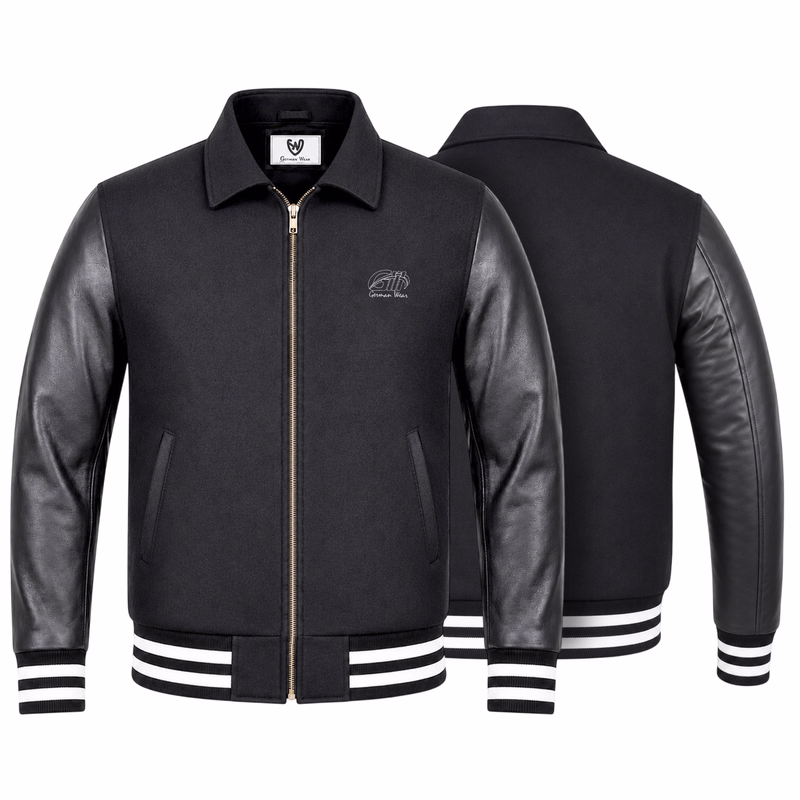 College Blouson Wool Leather Jacket Vorder- und Rückansicht College Blouson Woll-Leder Definitive Jacke. Aus hochwertigen Materialien gefertigt, bietet sie einen zeitlosen Look mit modernem Twist. Perfekt für alle Anlässe. Weltweit kostenloser Versand.
