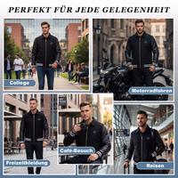 College Blouson Wool Leather Jacket A man wearing a black college jacket with leather sleeves and jeans is walking along a paved sidewalk in a pedestrian zone