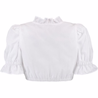 Rückansicht der weißen Dirndlbluse, von hinten betrachtet, die ihr elegantes Design und hochwertige Verarbeitung zeigt. Aus 100 % Baumwolle gefertigt, ist diese langlebige und bequeme Bluse eine luxuriöse Ergänzung für jede Garderobe.