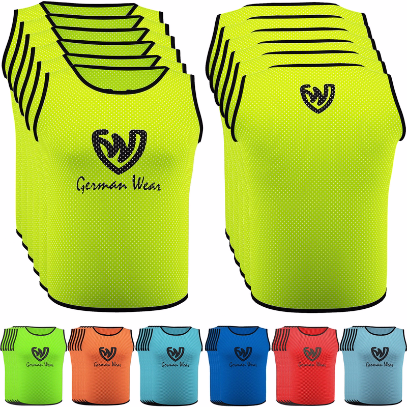 German Wear 6-Pack Soccer Bibs Front and back view of German Wear 6-Pack Soccer Orange Bibs made with breathable mesh polyester short sleeves and elastic fit designed for soccer training and multi sport practice sessions buy online today.