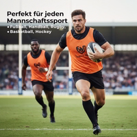 6 orange Trainingsleibchen, gestapelt, mit sichtbarem Mesh-Stoff und kurzen Ärmeln.