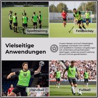 Features show of German Wear 6-Pack Soccer Green Bibs highlighting elastic fabric breathable mesh soft lightweight fit and durable design for all team sports training sessions buy online. 