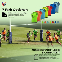 6 training bibs in green displayed together showing mesh fabric and short sleeves