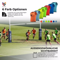 6 orange Trainingsleibchen, zusammen präsentiert, mit Mesh-Stoff und kurzen Ärmeln.