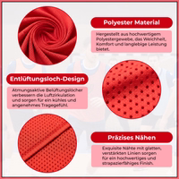 Close-up of red training bib showing mesh fabric with ventilation holes and visible stitching