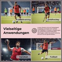 Features show of German Wear 6-Pack Soccer Red Bibs highlighting breathable mesh fabric elastic stretch soft comfort fit and durable quality ideal for all soccer and team sports training buy online.