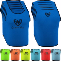 Front and back view of German Wear 6-Pack Soccer Royal Blue Bibs made from breathable mesh polyester with short sleeves and elastic fit perfect for soccer practice sessions and team sports training buy online today.
