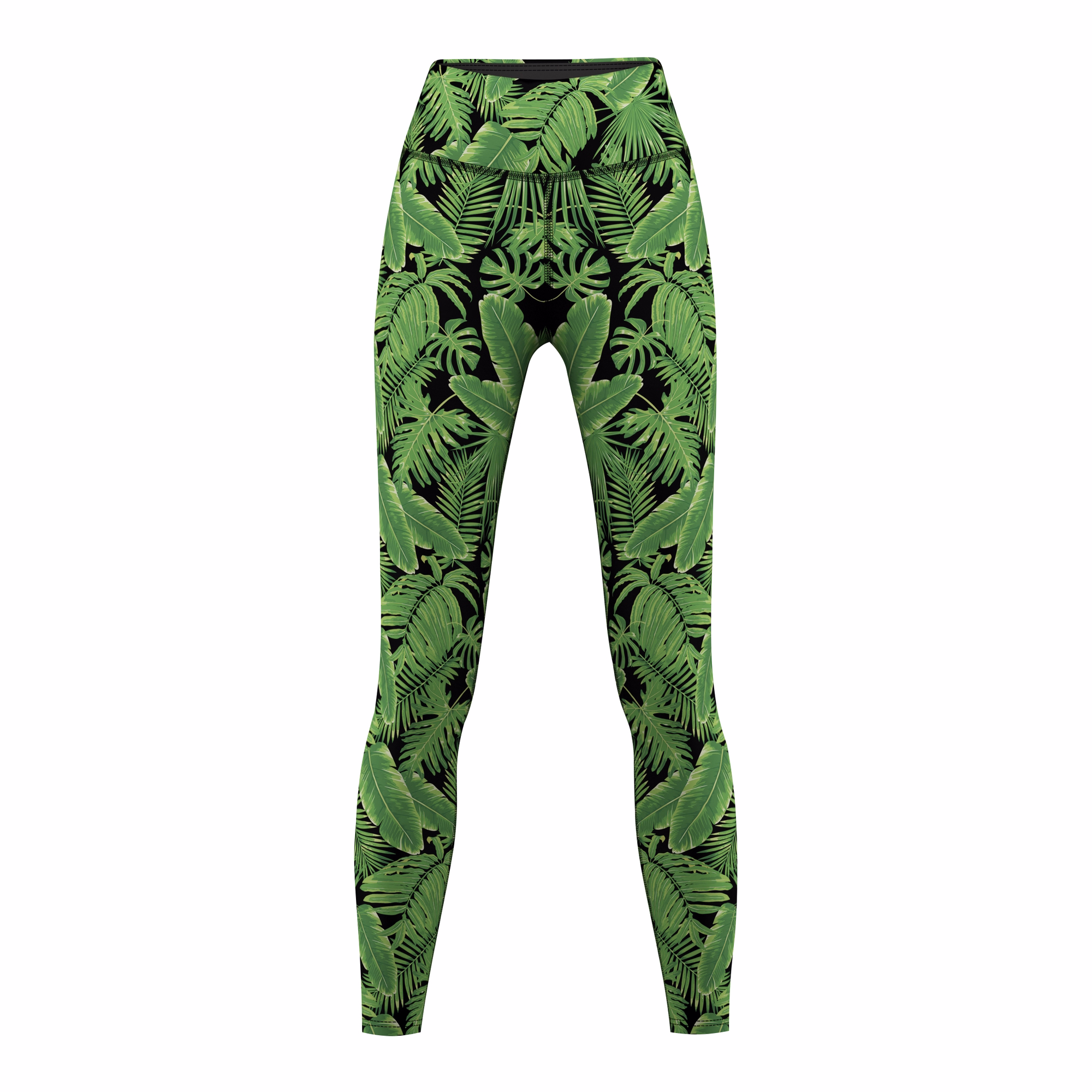 Damen Sport-Yoga-Leggings mit Dschungelblättern Vorderansicht der Damen Jungle Leaves Sport Yoga Leggings von German Wear aus flexiblem atmungsaktivem Stoff mit Kompression und Dschungel Design ideal für Sport Tanz und Alltag online kaufen
