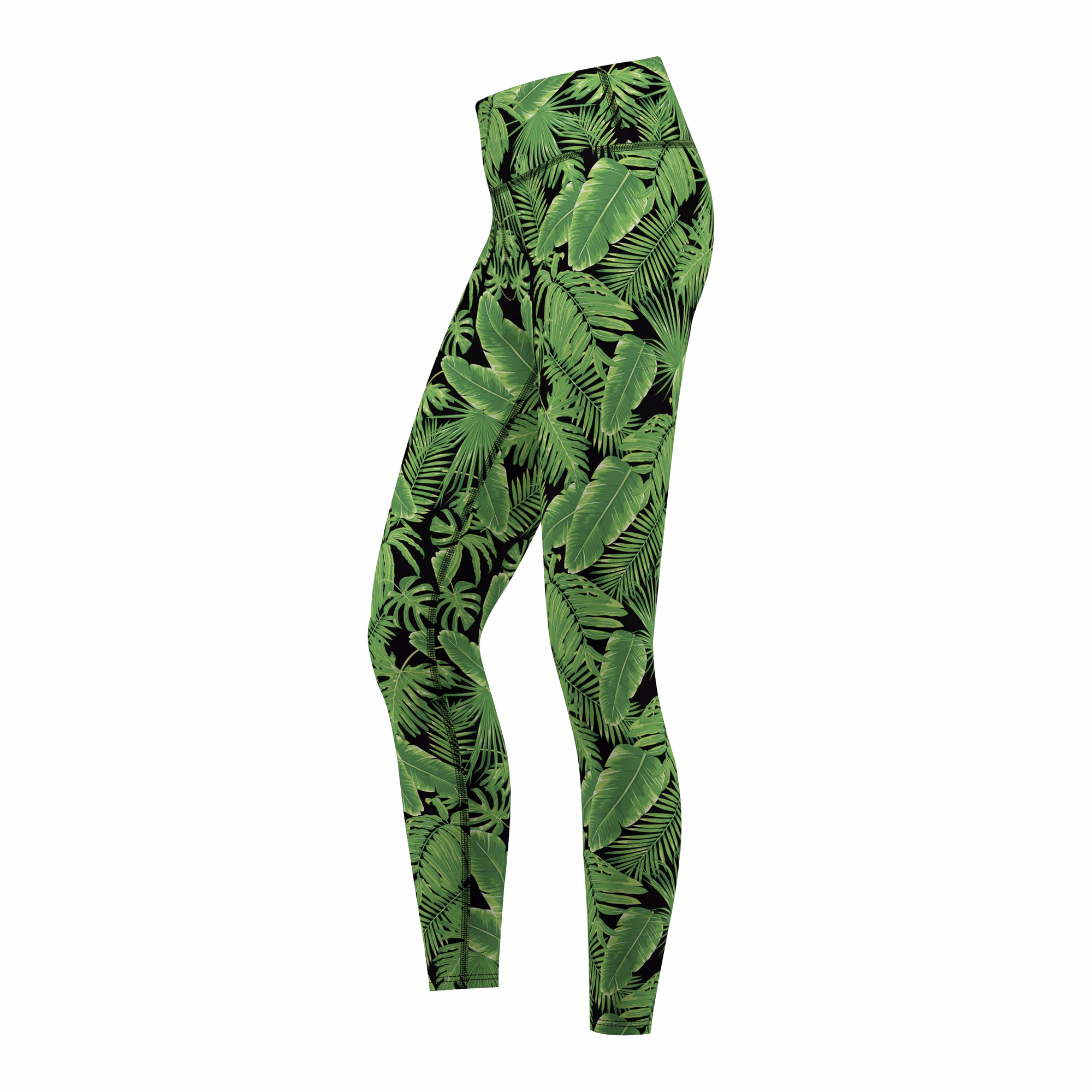 Damen Sport-Yoga-Leggings mit Dschungelblättern Seitenansicht der Damen Jungle Leaves Sport Yoga Leggings von German Wear mit elastischem Kompressionsmaterial atmungsaktivem UV Schutz und feuchtigkeitsableitendem Stoff für Training jetzt bestellen