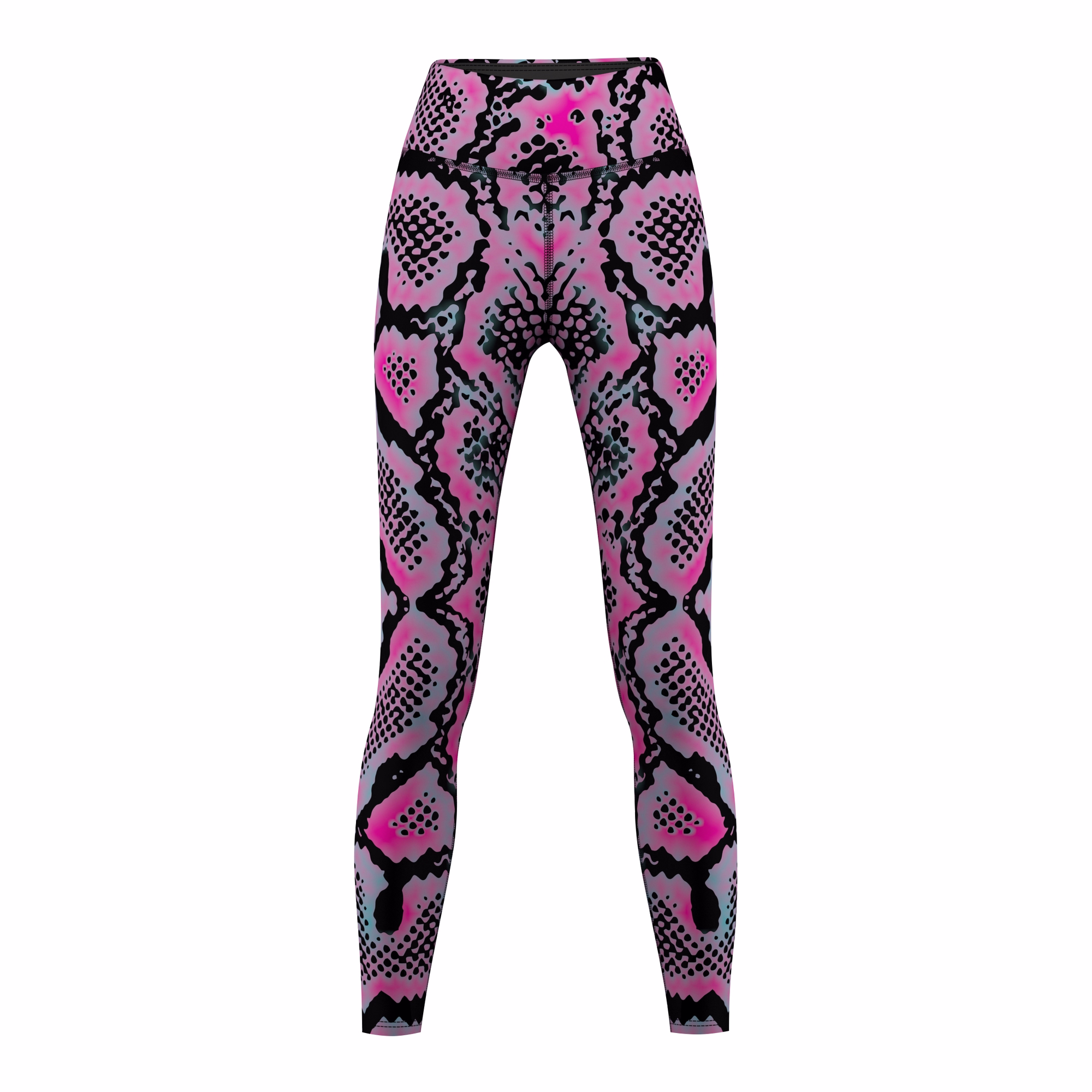 Damen Sportleggings mit Schlangenprint Vorderansicht der Damen Snake Skin Print Sport Yoga Leggings aus hochwertigem elastischem Material mit Schweißabsorption ideal für Sport Training oder Yoga Sessions jetzt Leggings online kaufen