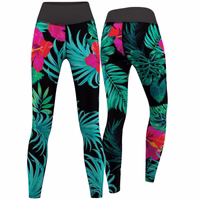 Vorder und Rückansicht der Damen Flowers and Leaves Sport Yoga Leggings mit hohem Bund atmungsaktivem Stretch Material UV Schutz und perfekter Passform für Training und Alltag jetzt kaufen online kaufen