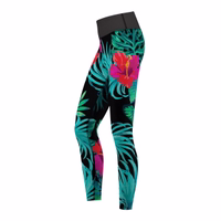 Seitenansicht der Damen Flowers and Leaves Sport Yoga Leggings komfortabler hoher Bund elastisches Polyester Elasthan Gewebe mit UV Schutz und Atmungsaktivität für Sport Training Freizeit jetzt kaufen online