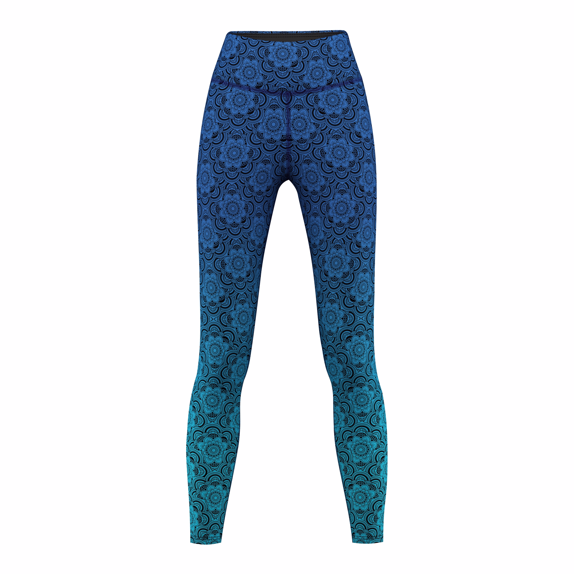 Vorderansicht der Mandala Blue Leggings – atmungsaktive, schweißableitende und antibakterielle Sportleggings für Damen mit UV-Schutz, perfekt für Yoga, Fitnessstudio-Workouts und den Alltag.
