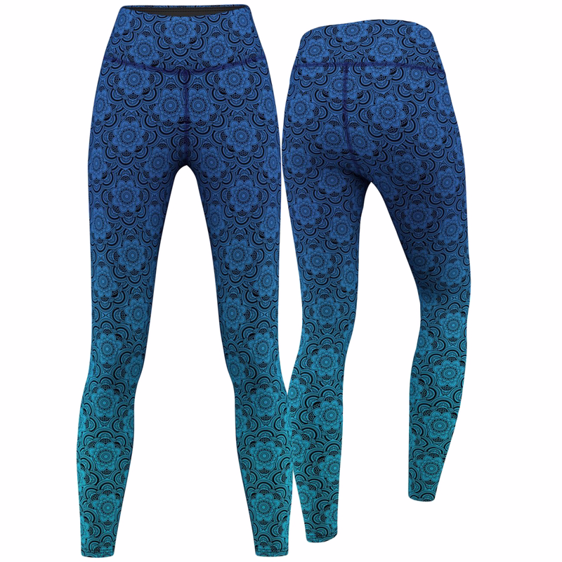 Women’s fitness leggings from German Wear Front and back view of Mandala Blue Leggings – women’s fitness leggings with high waist, stretchy opaque fabric, sweat-wicking comfort, and stylish mandala print for yoga, gym, and training.