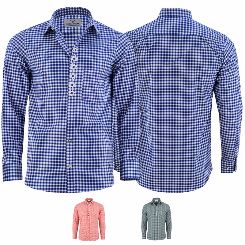 Men Cotton shirt with several colors Discover the front and rear views of this elegant dark blue men's Bavarian shirt, featuring Edelweiss embroidery and full sleeves. With a chic chest pocket, it's a stylish addition to any wardrobe. Shop online now!