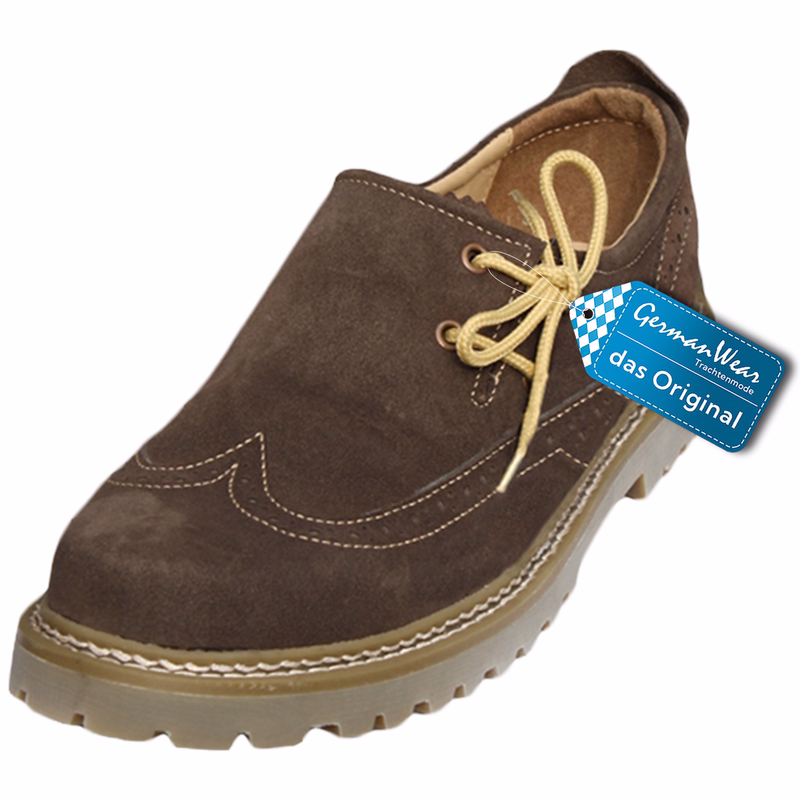 Front view of men's Haferl shoes in cracker color, featuring traditional side lacing. Crafted from 100% calfskin soft leather with a welted construction, sturdy rubber sole and short shaft. German traditional costume fashion – the original, with tag.
