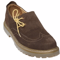 A front view of dark brown traditional haferl shoes made from leather. The shoes feature a welted construction and side lacing, with a round-toe cap and lace fastening. Inside, they are lined with soft leather for added comfort.