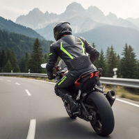 Motorradfahrer auf einer Straße während der Fahrt, der einen Nierengurt mit Wabenstruktur im Lendenbereich trägt.