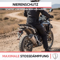 Motorradfahrer auf einer Straße, der einen schwarzen Nierengurt trägt, mit den Texten „Nierenschutz“, „Schützt vor Stößen beim Radfahren“ und „Maximale Stoßdämpfung“.
