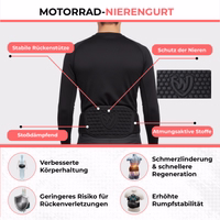 Person mit schwarzem Motorrad-Nierengurt und Texten zu Rückenstütze, Stoßdämpfung und Nierenschutz
