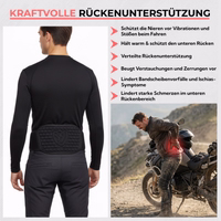Person mit schwarzem Nierengurt und Texten zu Rückenunterstützung, Schmerzreduktion und Schutz beim Fahren