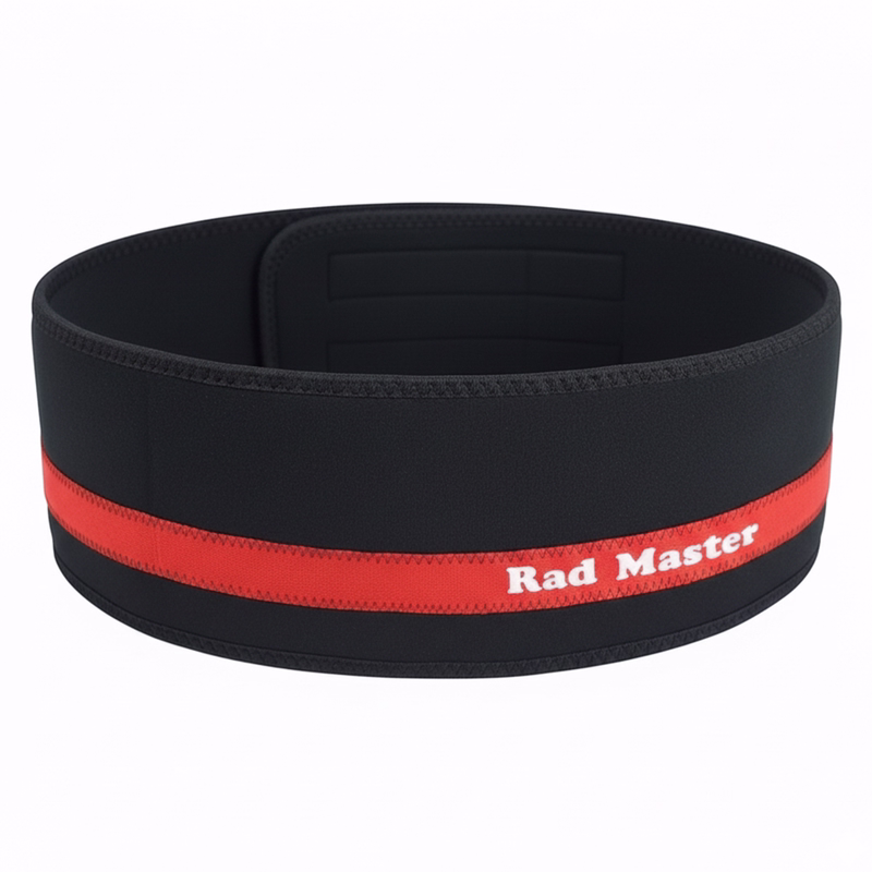 Black Neoprene Kidney Belt Black neoprene kidney belt with a central red horizontal band featuring the "Rad Master" logo and a Velcro closure.
