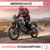 Schwarzer Neopren-Nierengurt Motorradfahrer auf kurviger Straße mit schwarzem Nierengurt und den Texten „Nierenschutz“, „Schützt vor Stößen beim Radfahren“ und „Maximale Stoßdämpfung“