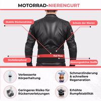 Schwarzer Neopren-Nierengurt Person trägt einen schwarzen CE-zertifizierten Motorrad-Nierengurt mit Texten über Rückenstütze, Stoßdämpfung und Nierenschutz.