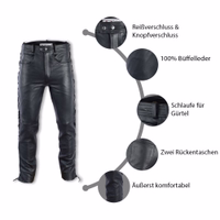 The inner view of classic black leather motorcycle pants makes a statement with buffalo leather, featuring stylish side lacing for a unique look. Crafted from 100% genuine leather, these jeans offer unparalleled comfort & style for any occasion.