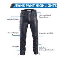 Ultimate style comfort with premium buffalo leather biker trousers. Feature pockets, side lacing,& front press studs & zipper closure for a fit. Adjustable leg width ensures a snug fit. Crafted from soft, durable leather for maximum quality