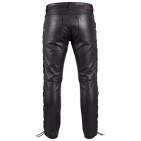The rear view of black classic Men's leather biker jeans, meticulously crafted from real buffalo leather. Experience luxury and durability in every stride. Shop now for premium leather fashion! Buy online today &avail of free delivery on next business day