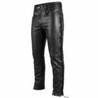 The front side view of black ultimate in comfort and style with buffalo leather jeans, fully laced for a customized fit. Crafted from soft, durable leather, these biker trousers are designed to stand the test of time