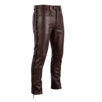 The rear side view of brown ultimate in comfort and style with buffalo leather jeans, fully laced for a customized fit. Crafted from soft, durable leather, these biker trousers are designed to stand the test of time