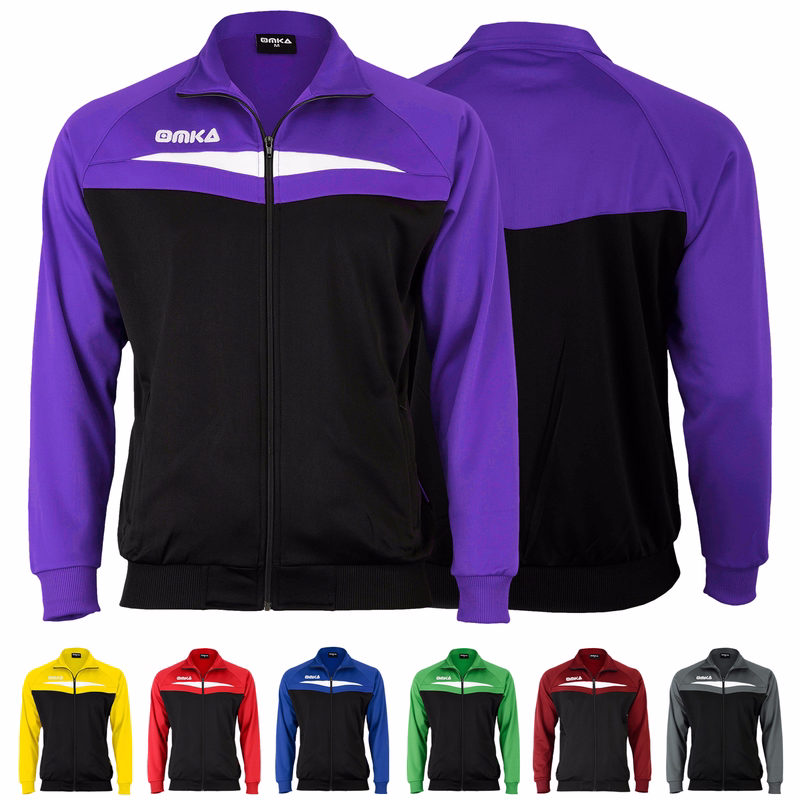 Men's OMKA Training & Jogging Jacket Front and rear views of the OMKA Optima training jacket in blue. Features include long sleeves, a turtleneck, and adjustable cuffs and waist. Made from 100% polyester.