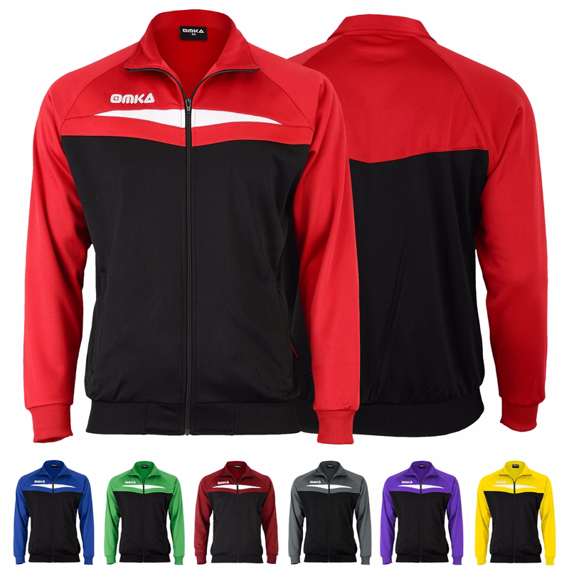 Herren OMKA Trainings- & Joggingjacke Vorder- und Rückansicht der OMKA Optima Trainingsjacke in Blau. Merkmale sind lange Ärmel, ein Stehkragen sowie verstellbare Ärmelbündchen und ein verstellbarer Bund. Hergestellt aus 100 % Polyester.