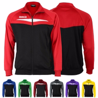 Omka sport jacket in red, showcasing both front and rear views. Features include a full-length front zipper, long sleeves, and two side pockets with zippers. Made from 100% polyester for sweat absorption.