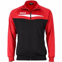 Front view of a red Omka soccer jacket featuring a full-length zipper, black and white accents, long sleeves, an adjustable waist, and a double-layer design made from polyester fabric.
